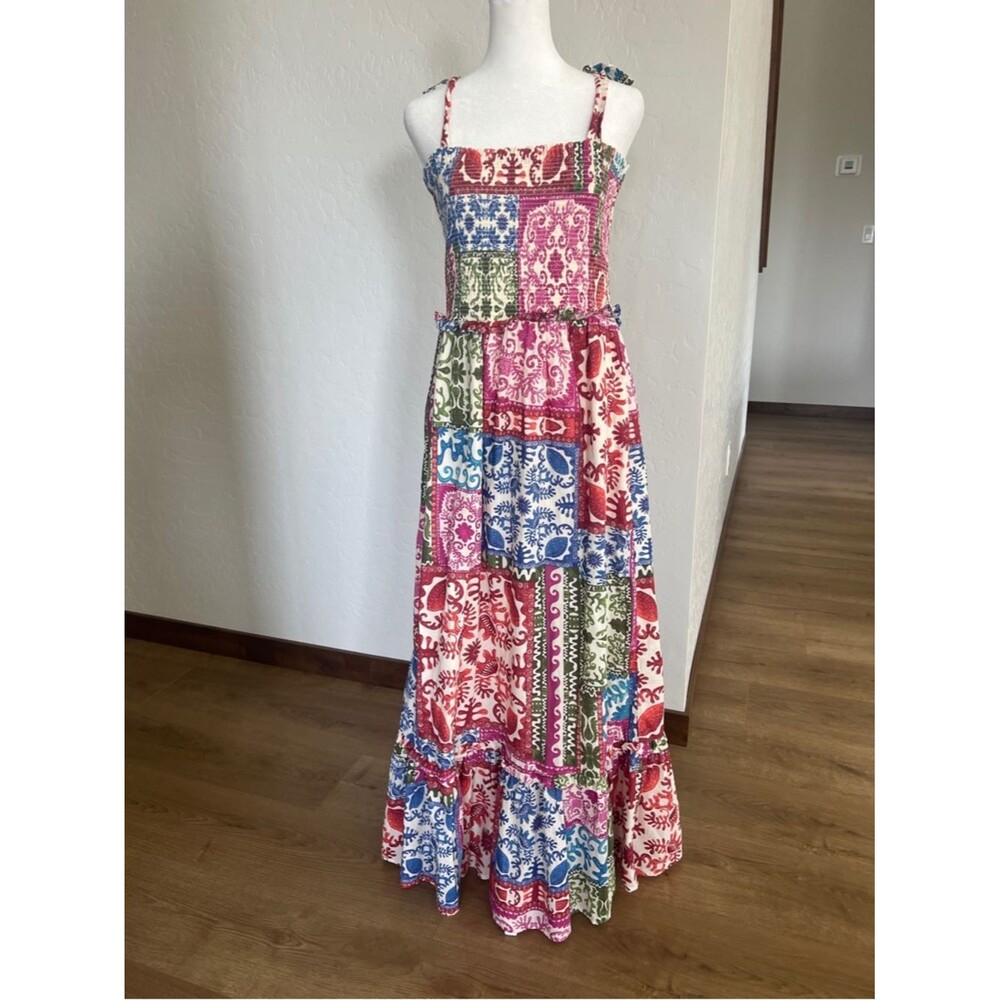 Bila Coastal Boho Patchwork Smocked Bodice Tie Strap Cotton Maxi Dress Large